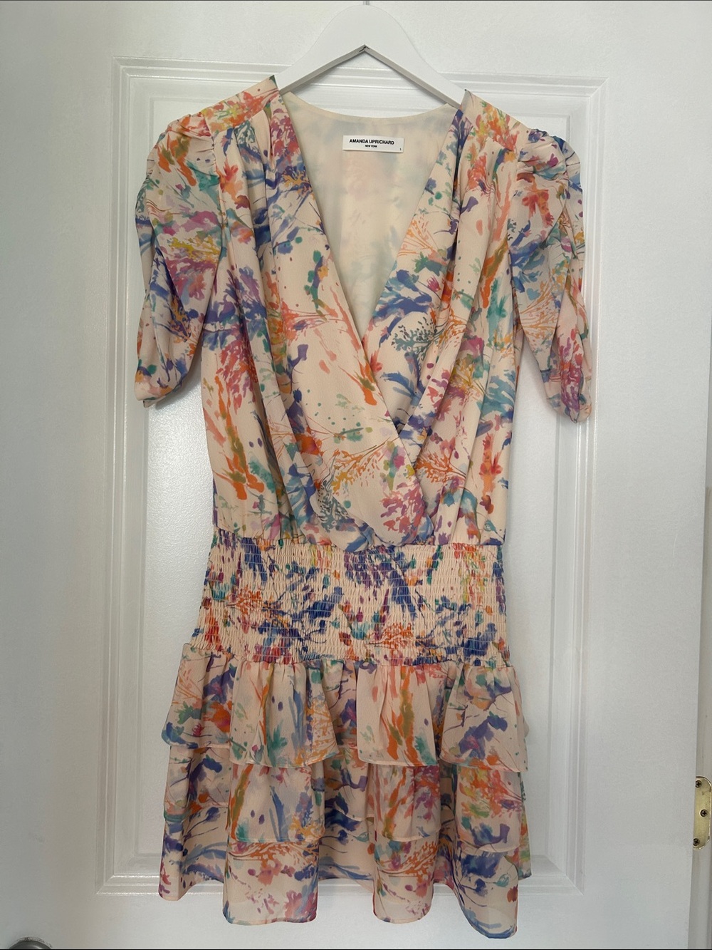 Brand New Amanda Uprichard Cream Multicolor Paint-Splash V-Neck Mini Dress